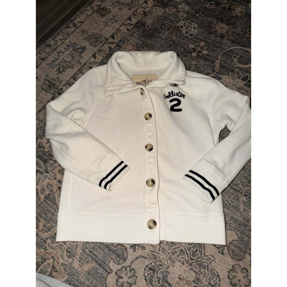 Vintage Y2K Hollister Button Up Fleece Sweatshirt Prep White Navy Blue